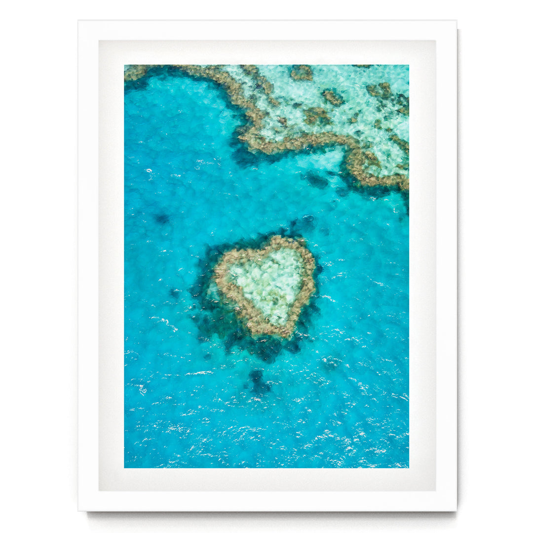 The image is a framed aerial view of a coral reef, showcasing the vibrant blue waters and the intricate coral formations.