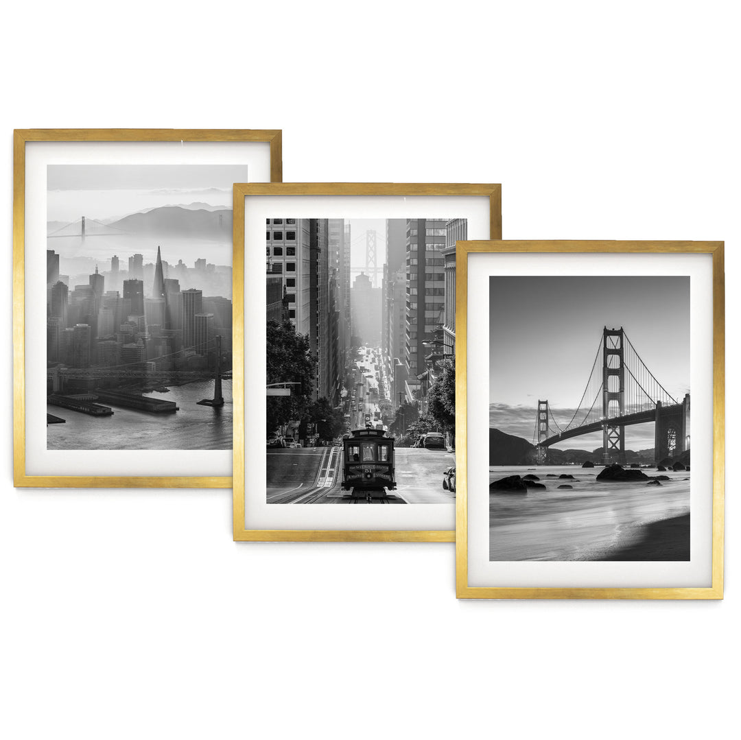 The image is a collage of three framed black and white photographs depicting various city scenes, including a cityscape, a trolley car, and a bridge.