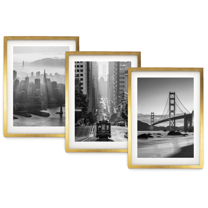 The image is a collage of three framed black and white photographs depicting various city scenes, including a cityscape, a trolley car, and a bridge.