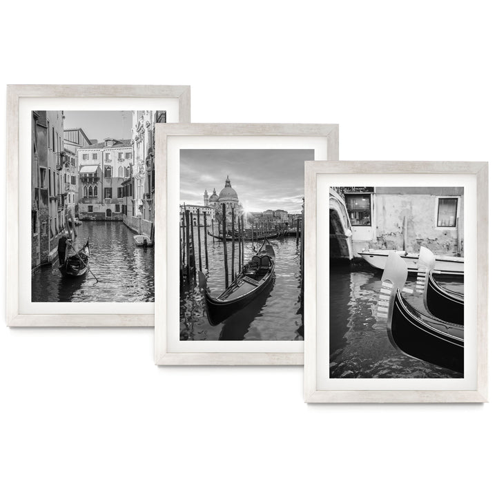 The image is a collage of three black and white photographs depicting gondolas on a canal in Venice, Italy.