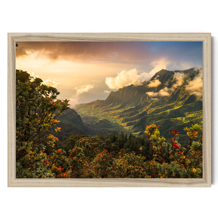 a breathtaking mountainous landscape with lush greenery, vibrant flowers, and a dramatic sky filled with clouds and warm hues of orange and yellow.