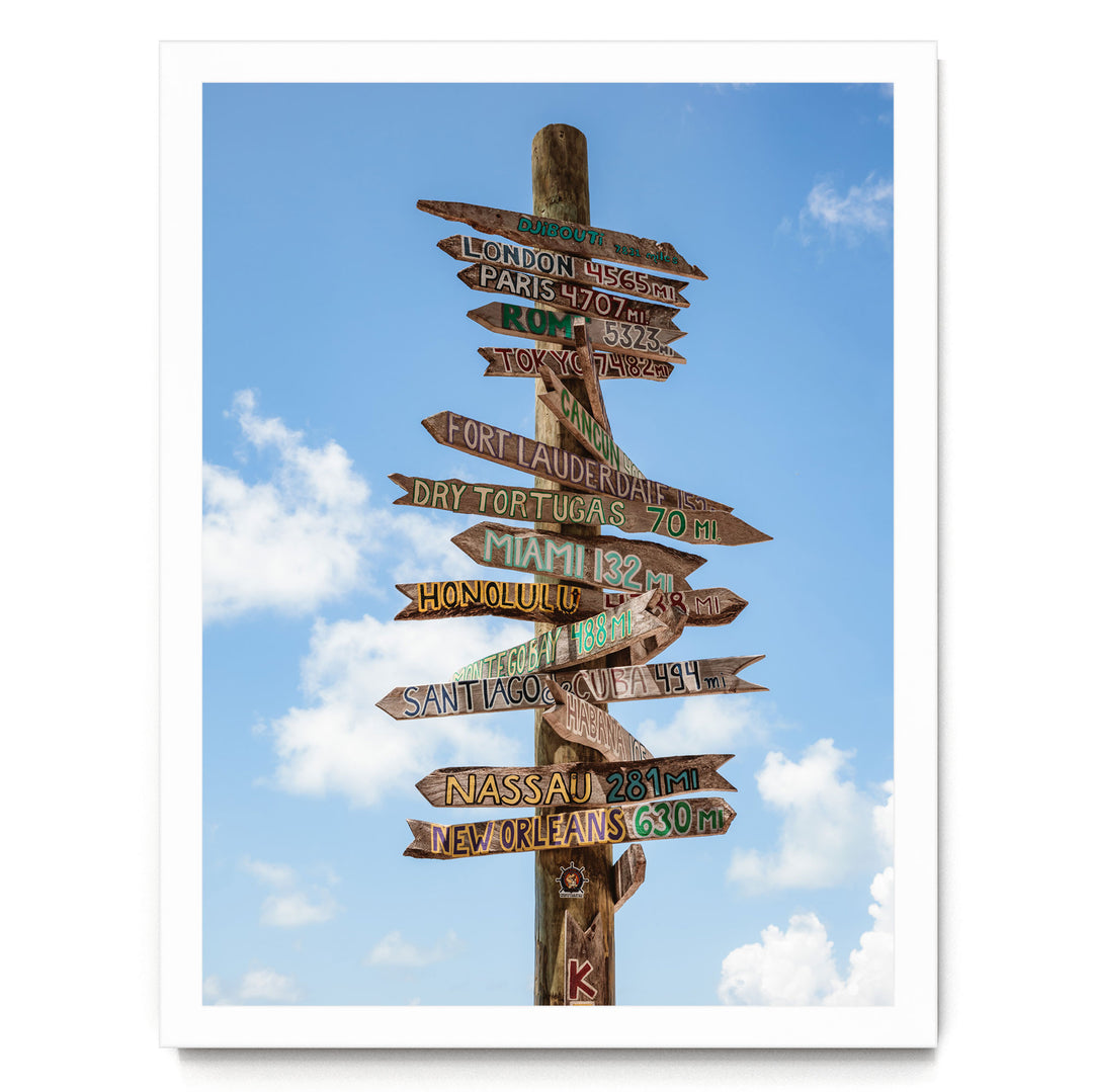 A wooden signpost with various destinations written on it, pointing in different directions against a blue sky with clouds.