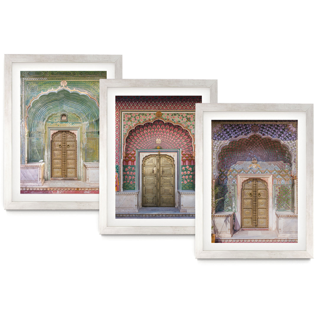 The image is a collage of three framed photographs depicting ornate, colorful doorways.