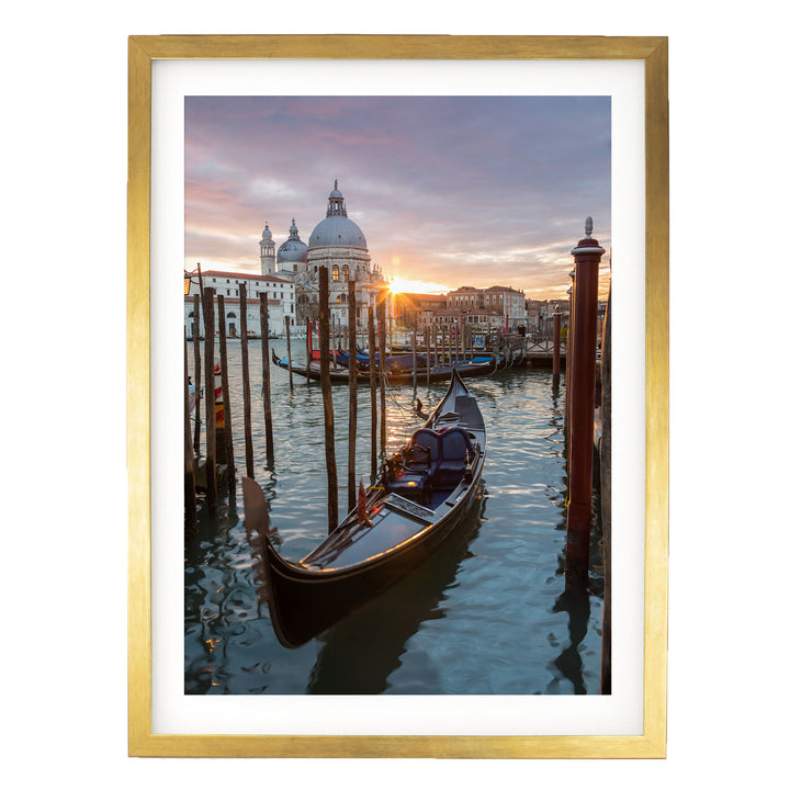 a gondola floating on the water, with a picturesque view of the Grand Canal in Venice, Italy, featuring the iconic St. Mark's Basilica and the surrounding architecture.
