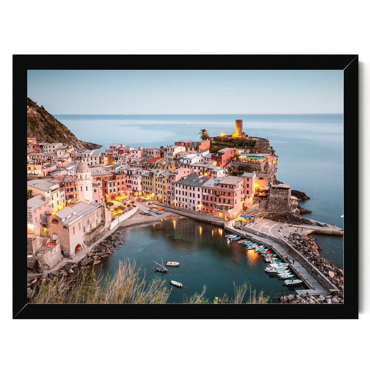 a picturesque coastal town with colorful buildings, a lighthouse on a cliff, and a harbor filled with boats.