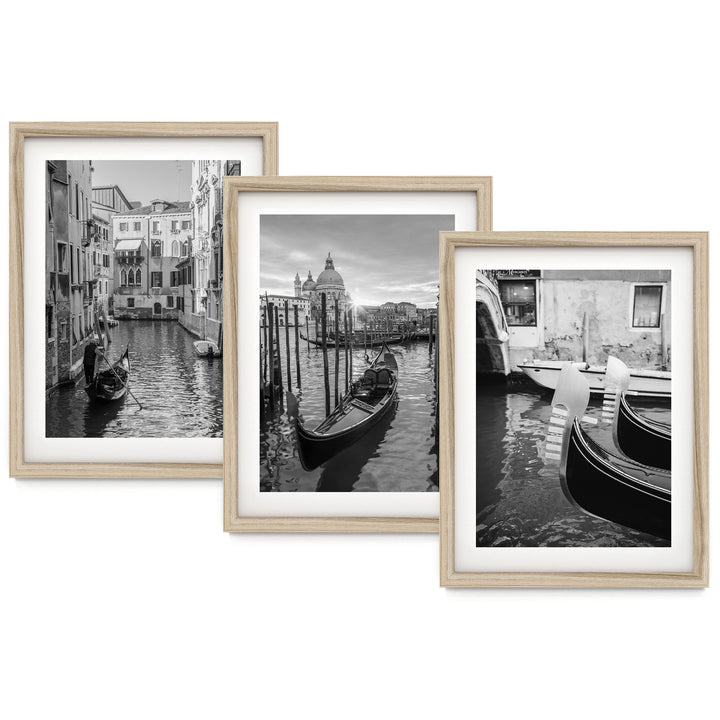 The image is a collage of three framed black and white photographs depicting gondolas on a canal in Venice, Italy.