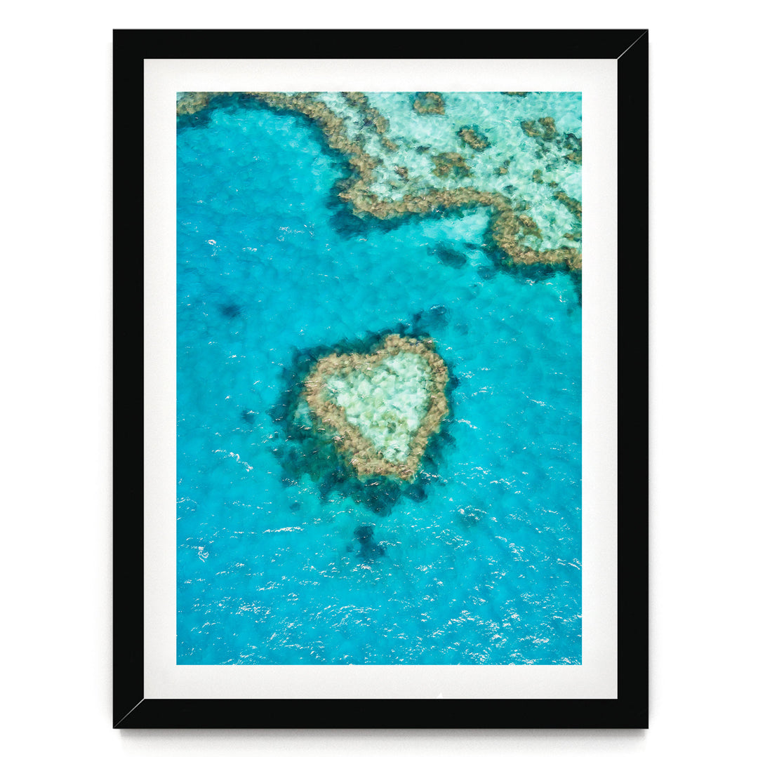 The image is a framed photograph of a coral reef in the ocean, featuring a heart-shaped coral formation surrounded by the vibrant blue waters.