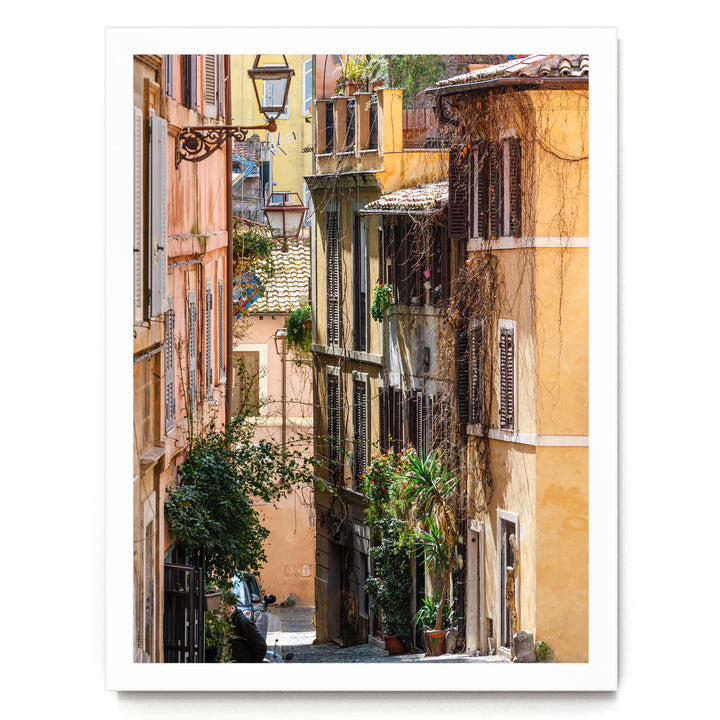 a narrow, charming street lined with colorful buildings, lush greenery, and a variety of potted plants.