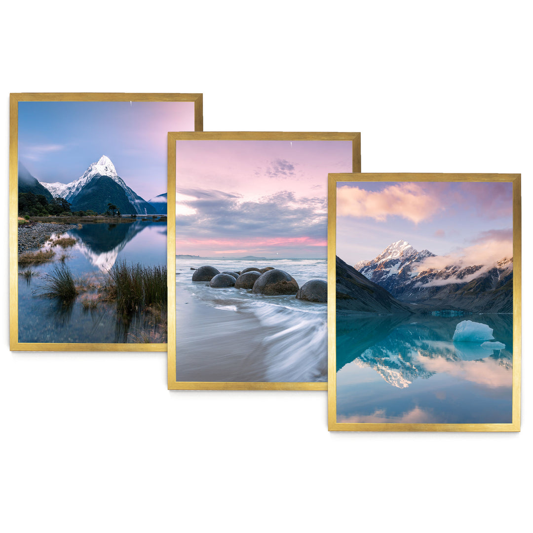 The image is a collage of three pictures depicting various scenic landscapes, including mountains, water, and a beach.