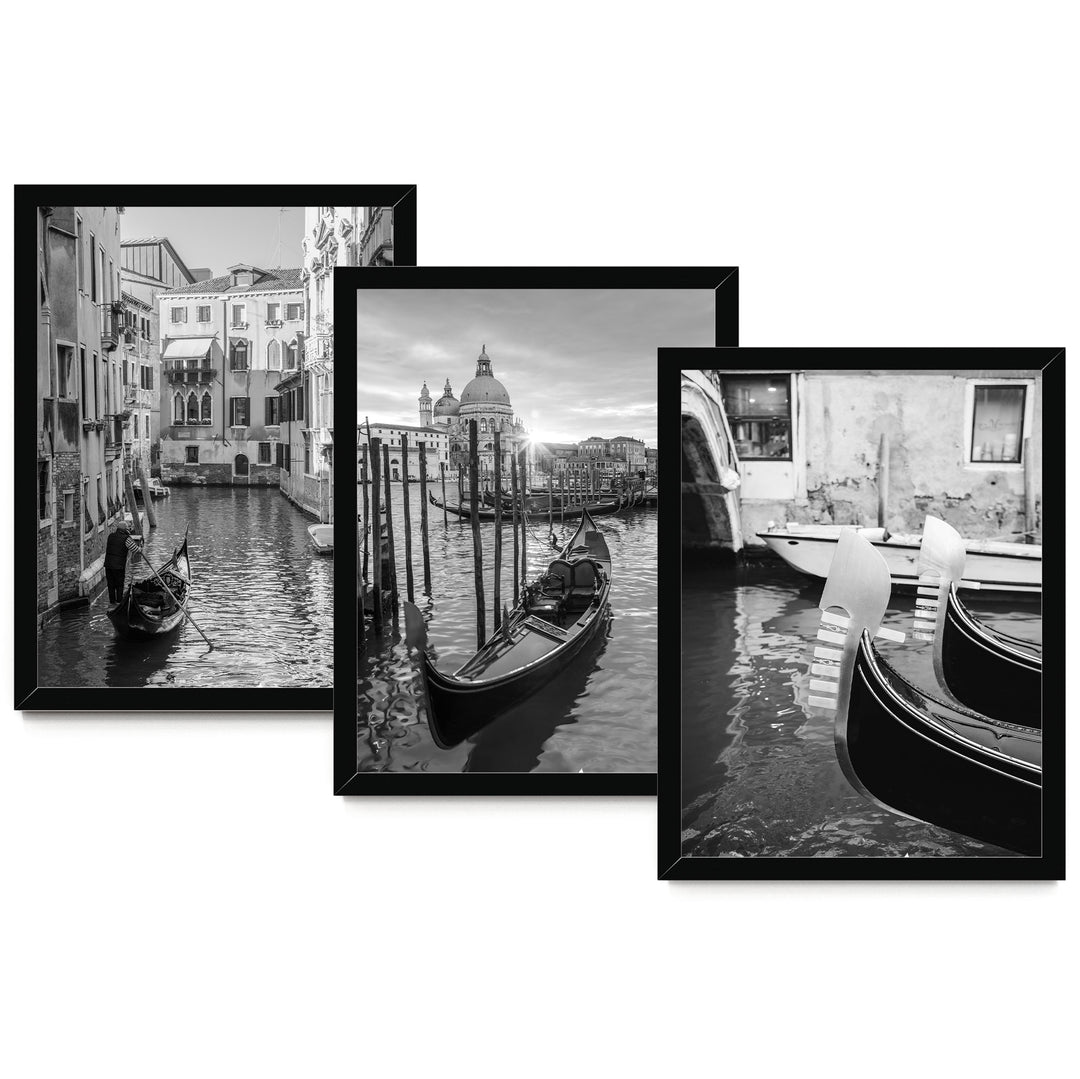 The image is a collage of three black and white photographs depicting gondolas on a canal in Venice, Italy.