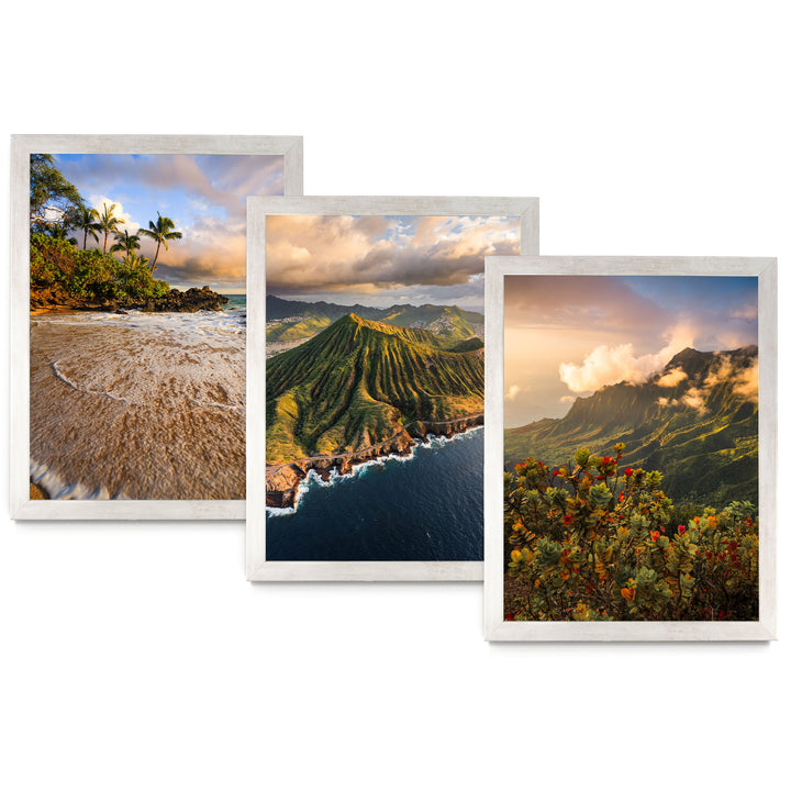 The image is a collage of three pictures depicting various landscapes, including a beach, mountains, and a forest.