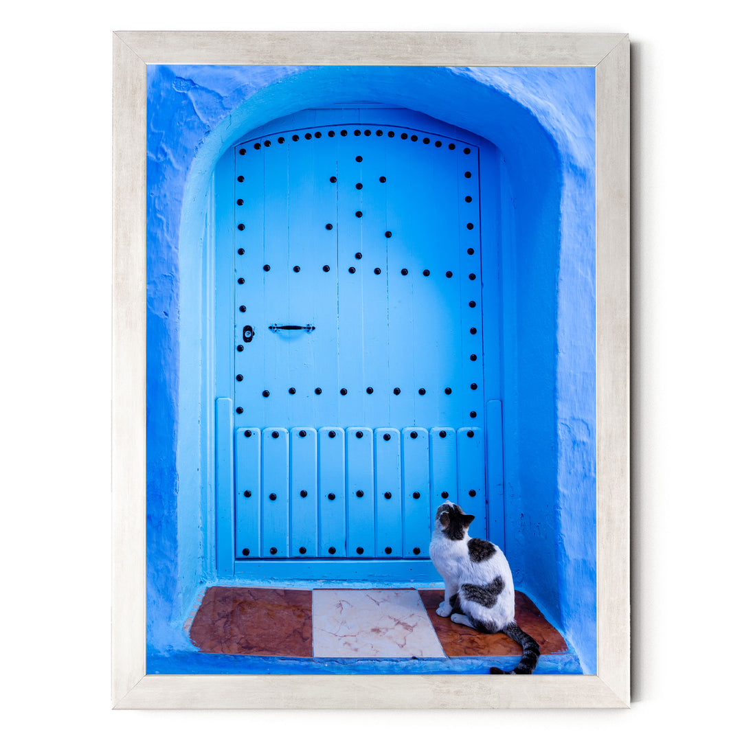 A black and white cat sits on a brown doormat in front of a blue door with a decorative pattern, looking up at the door.