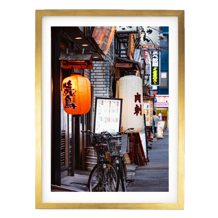 a vibrant street scene in Japan, with colorful lanterns hanging from the buildings and a bicycle parked on the sidewalk.