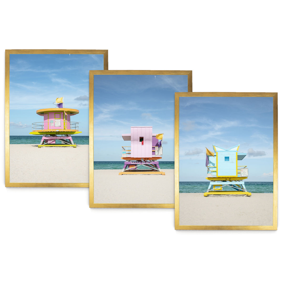 The image is a collage of three pictures depicting colorful lifeguard towers on a beach.