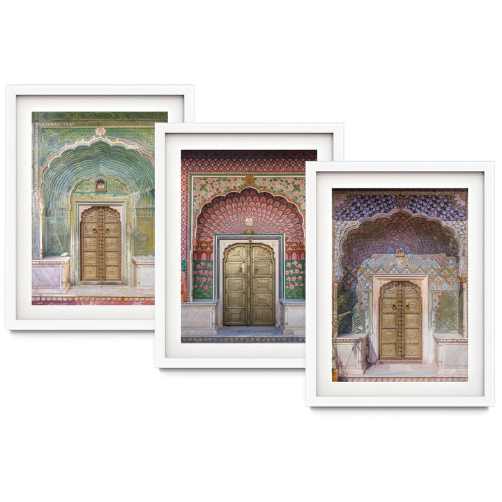The image is a collage of three framed pictures, each depicting a different ornate doorway or archway. The doorways feature intricate designs and patterns, showcasing the architectural beauty and craftsmanship of the structures.