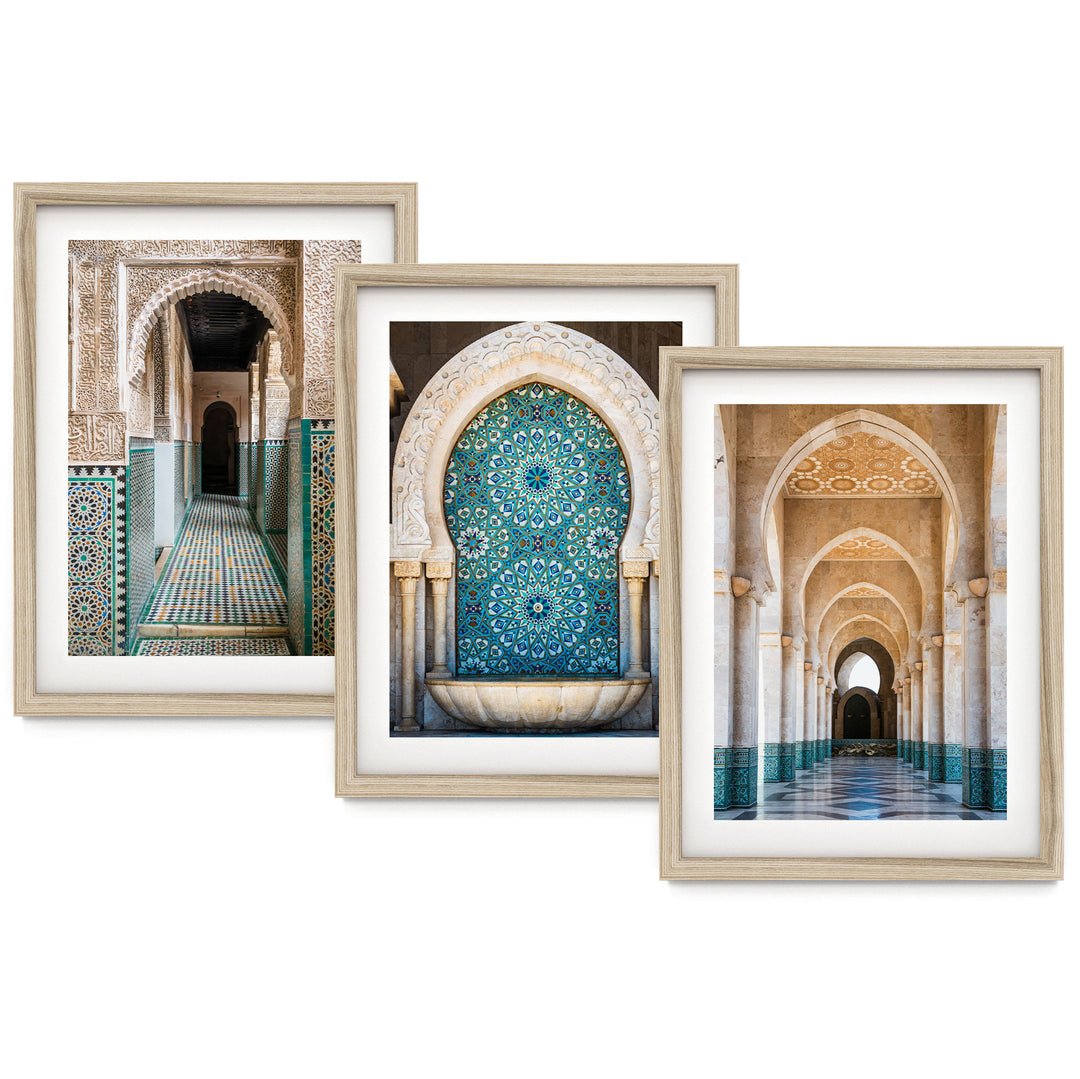 The image is a collage of three framed photographs depicting various architectural elements, including arches, columns, and intricate tile work.