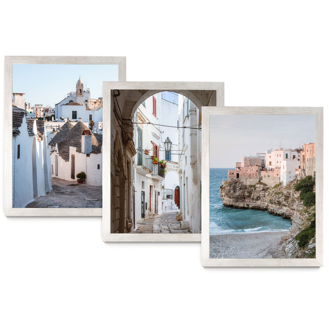 The image is a collage of three pictures, each depicting different scenes of a coastal town. The first picture shows a narrow street lined with white buildings, the second picture depicts a street with a lighthouse, and the third picture captures a beach with a rocky cliff overlooking the ocean.