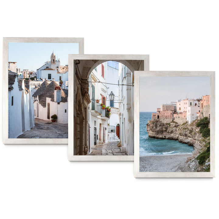 The image is a collage of three pictures, each depicting different scenes of a coastal town. The first picture shows a narrow street lined with white buildings, the second picture depicts a street with a lighthouse, and the third picture captures a beach with a rocky cliff overlooking the ocean.