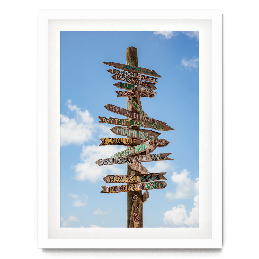 a wooden signpost with various destinations written on it, including London, Paris, New York, Miami, and others.