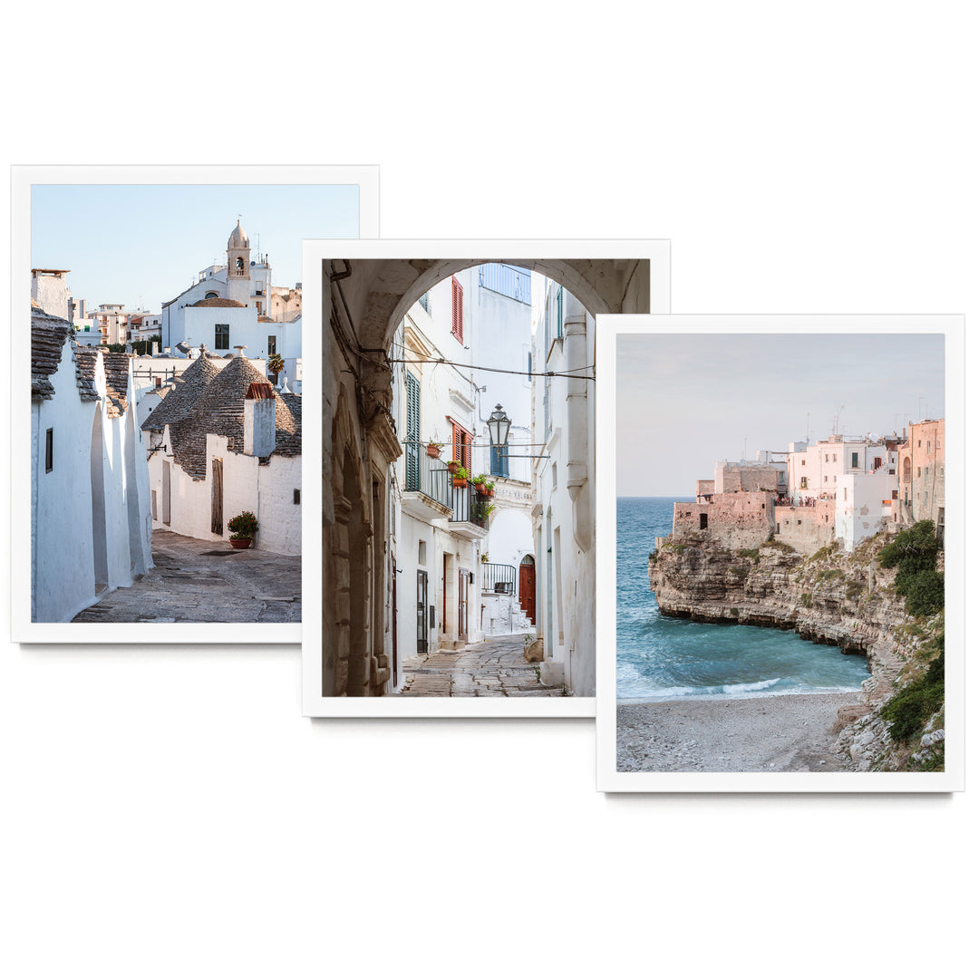 The image is a collage of three pictures depicting various scenes, including a coastal town, a narrow street, and a beach.