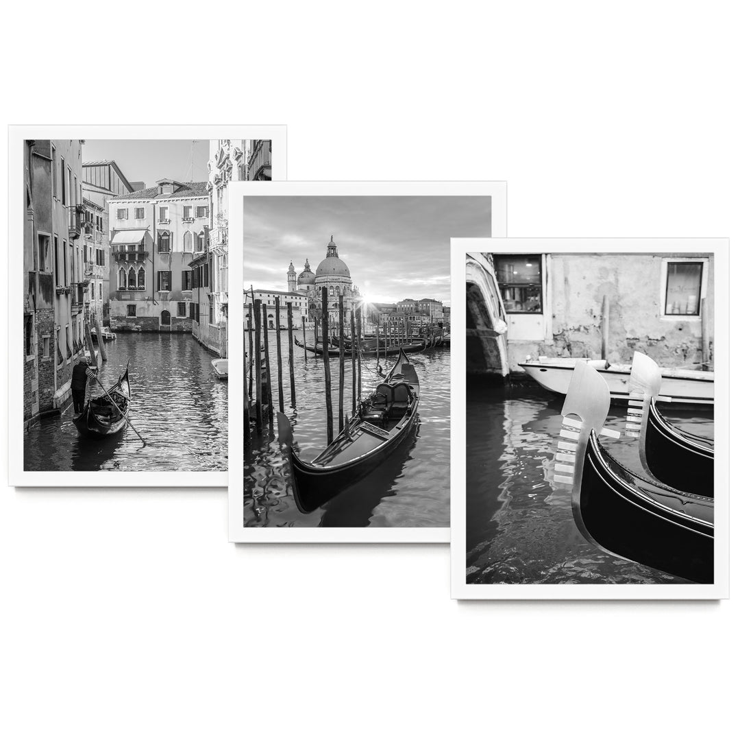 The image is a collage of three black and white photographs depicting gondolas and the iconic canals of Venice, Italy.