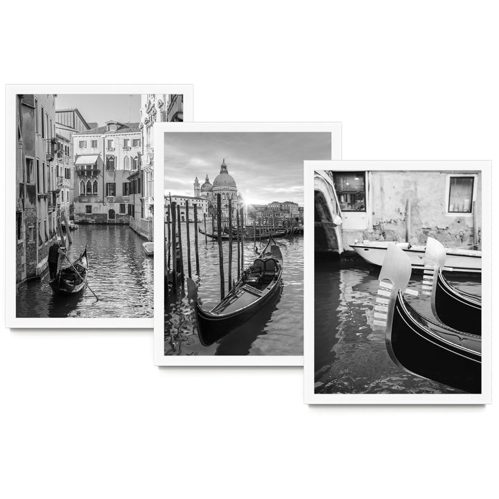 The image is a collage of three black and white photographs depicting gondolas and the iconic canals of Venice, Italy.