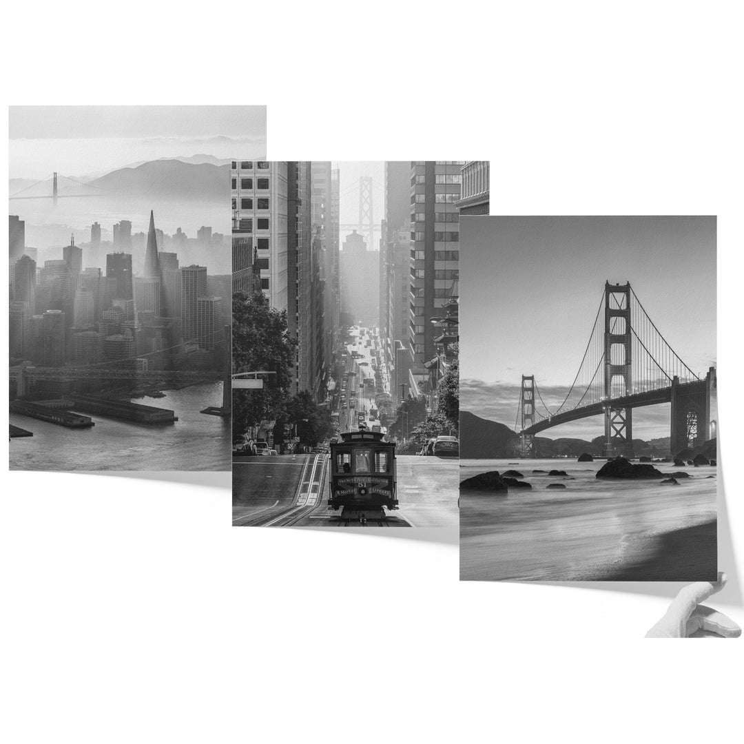 The image is a collage of three black and white photographs depicting various scenes in San Francisco, California, including the Golden Gate Bridge, the city skyline, and a trolley car.