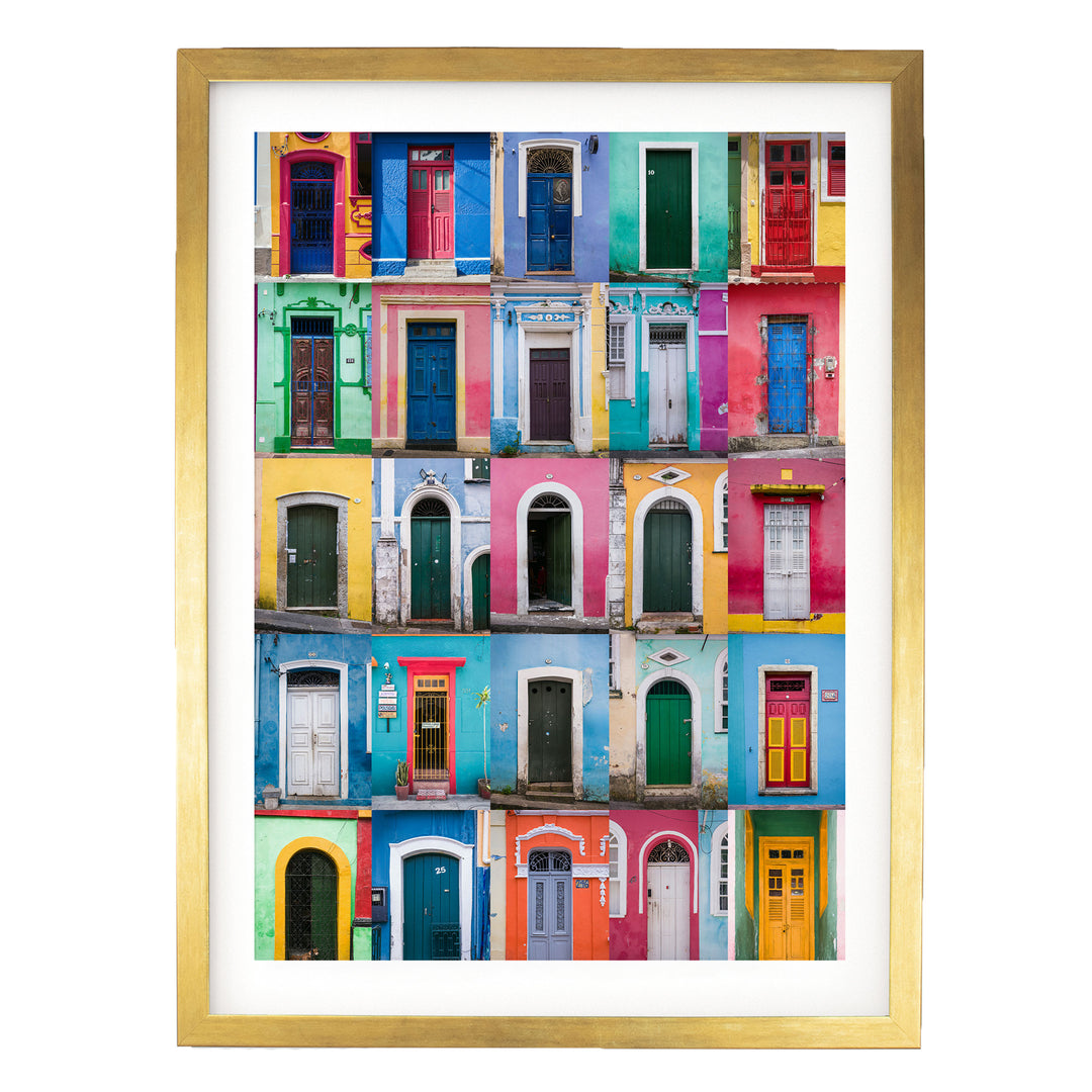 Colorful Doors of Brazil I print in a gold frame with white mat