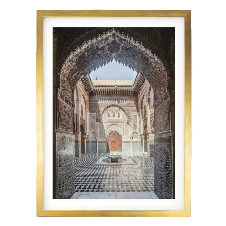 Ornate Madrasa Archway, Fes, Morocco print in a gold frame with white mat