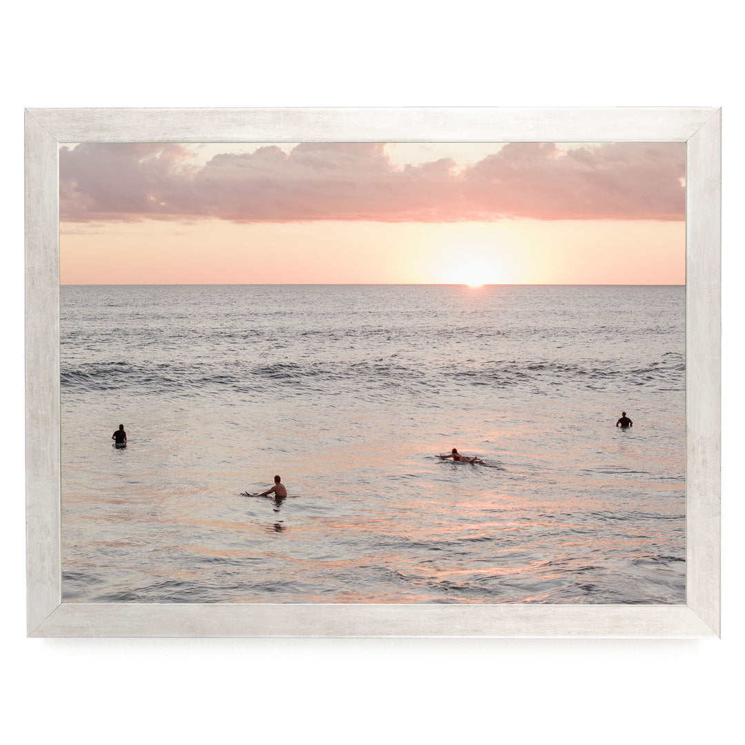 Surfers Waiting at Sunset, Costa Rica print in a silver frame without mat