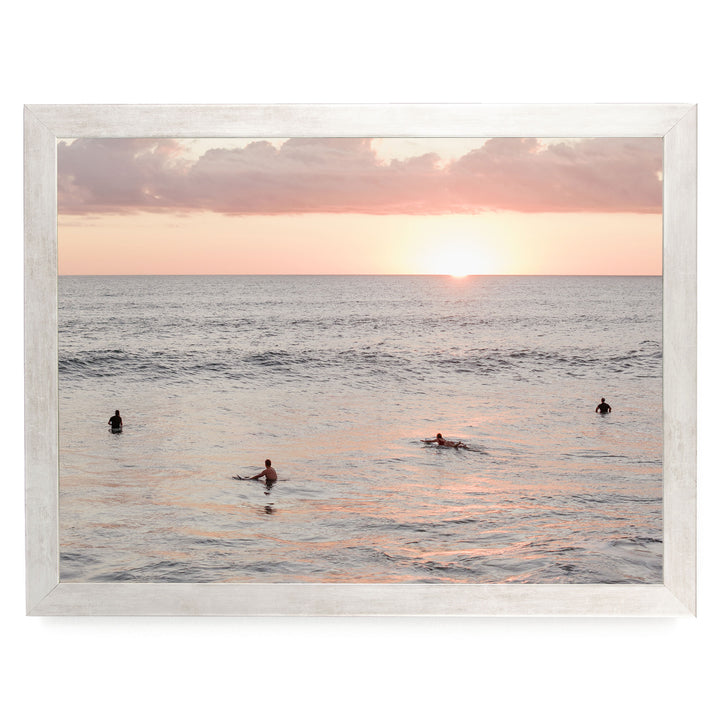 Surfers Waiting at Sunset, Costa Rica print in a silver frame without mat