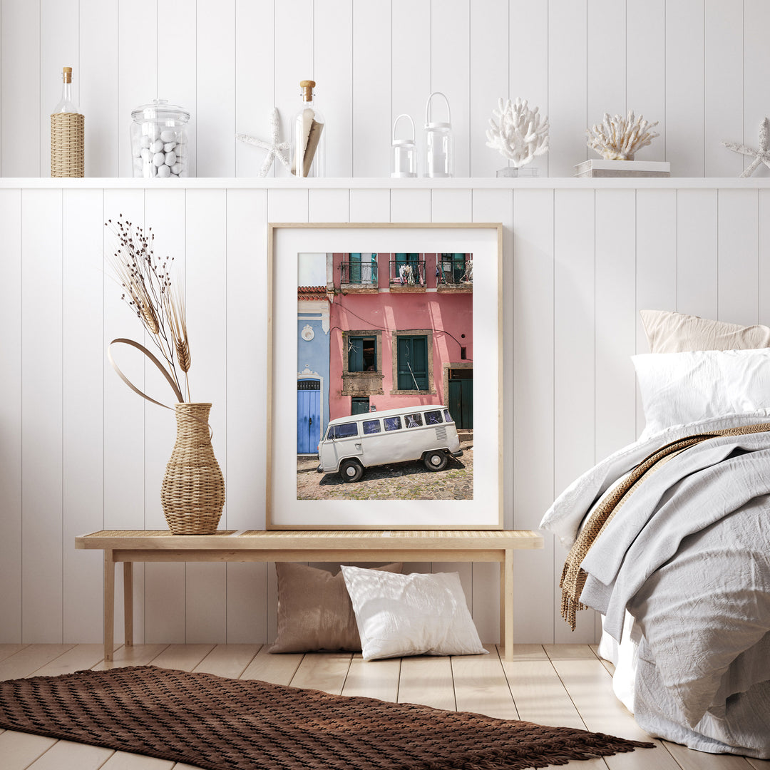 White Kombi Van, Pelourinho, Salvador, Brazil framed wall art in a home interior
