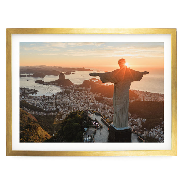 Christ the Redeemer at Sunrise, Rio de Janeiro, Brazil print in a gold frame with white mat