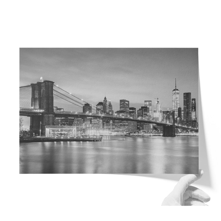 Brooklyn Bridge and Skyline at Dusk, New York City – B&amp;W unframed print on matte fine art paper
