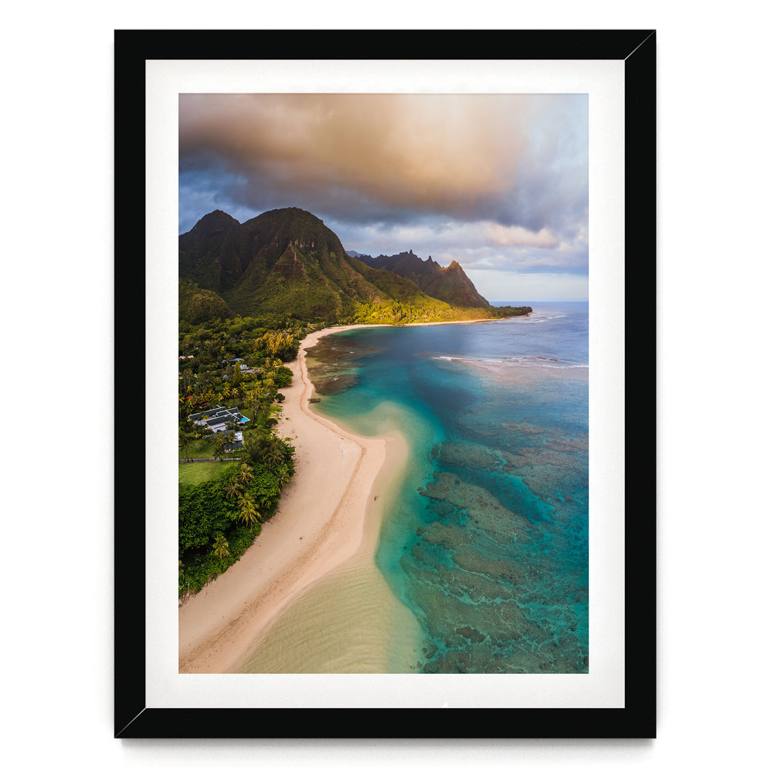 Tunnels Beach I, Kauai, Hawaii print in a black frame with white mat
