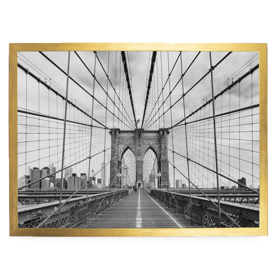Brooklyn Bridge Walkway, New York City – B&amp;W print in a gold frame without mat