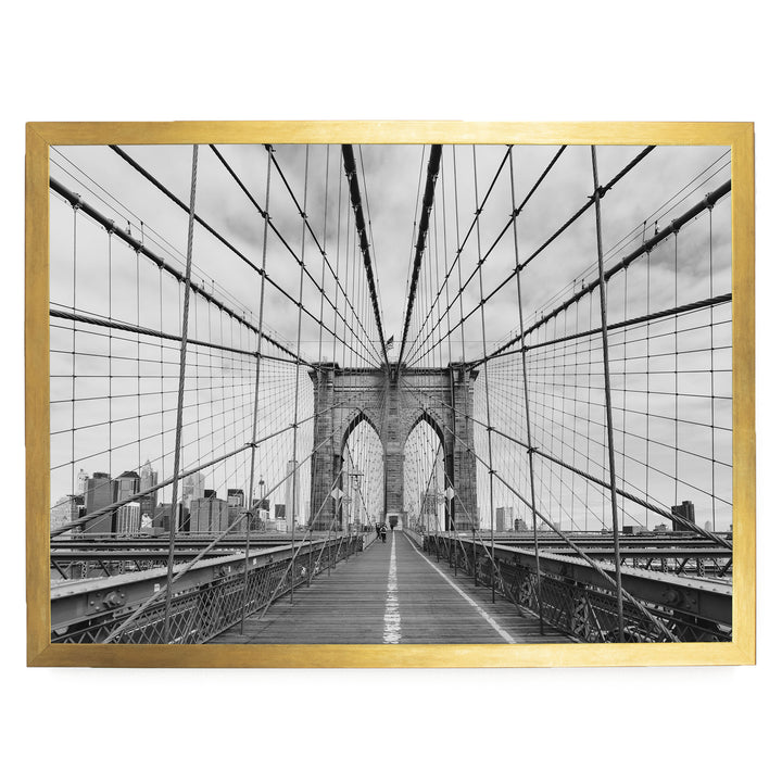 Brooklyn Bridge Walkway, New York City – B&amp;W print in a gold frame without mat