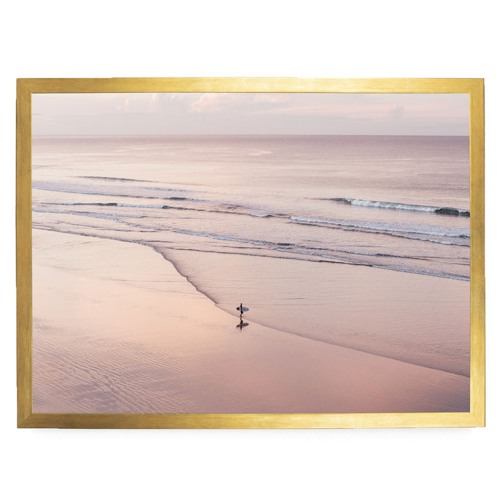 Lone Surfer on a Pink Beach I, Costa Rica print in a gold frame without mat