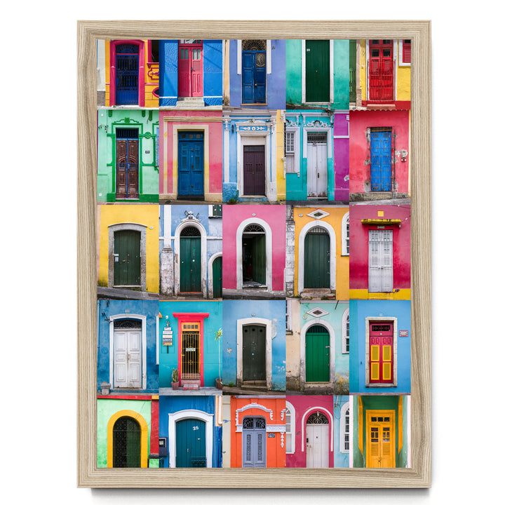 Colorful Doors of Brazil I print in a natural wood frame without mat