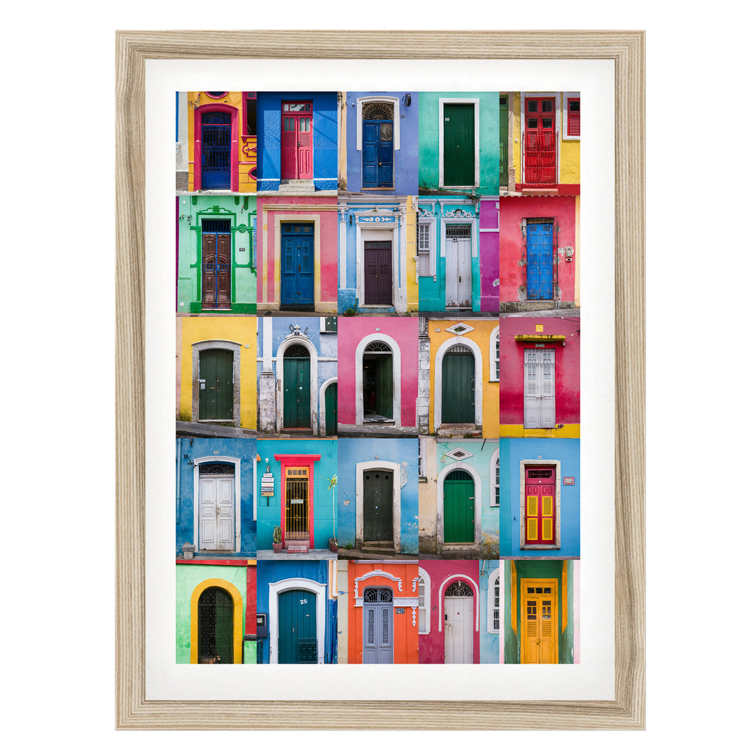 Colorful Doors of Brazil I fine art print in a natural wood frame with white mat