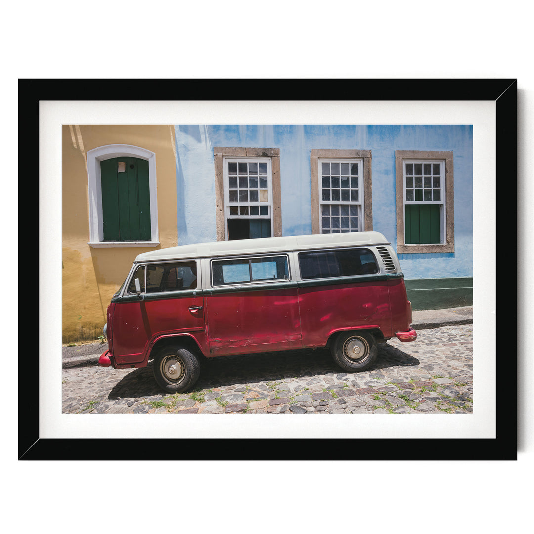 Red Kombi Van, Pelourinho, Salvador, Brazil print in a black frame with white mat