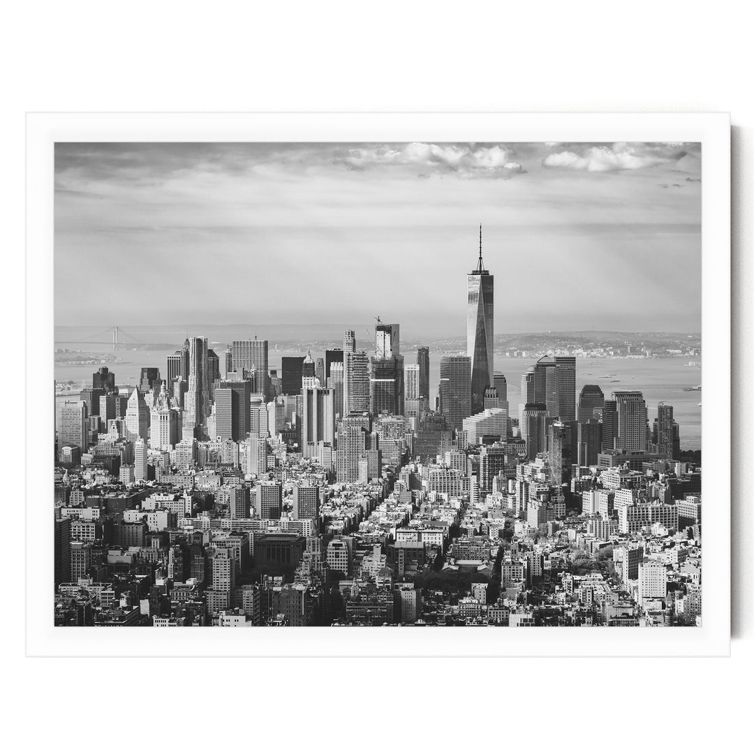 Manhattan Skyline from Above, New York City – B&amp;W print in a white frame without mat
