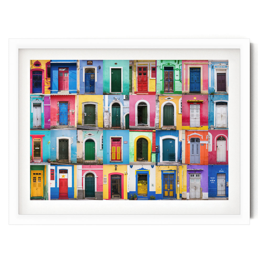 Colorful Doors of Brazil II print in a white frame with white mat