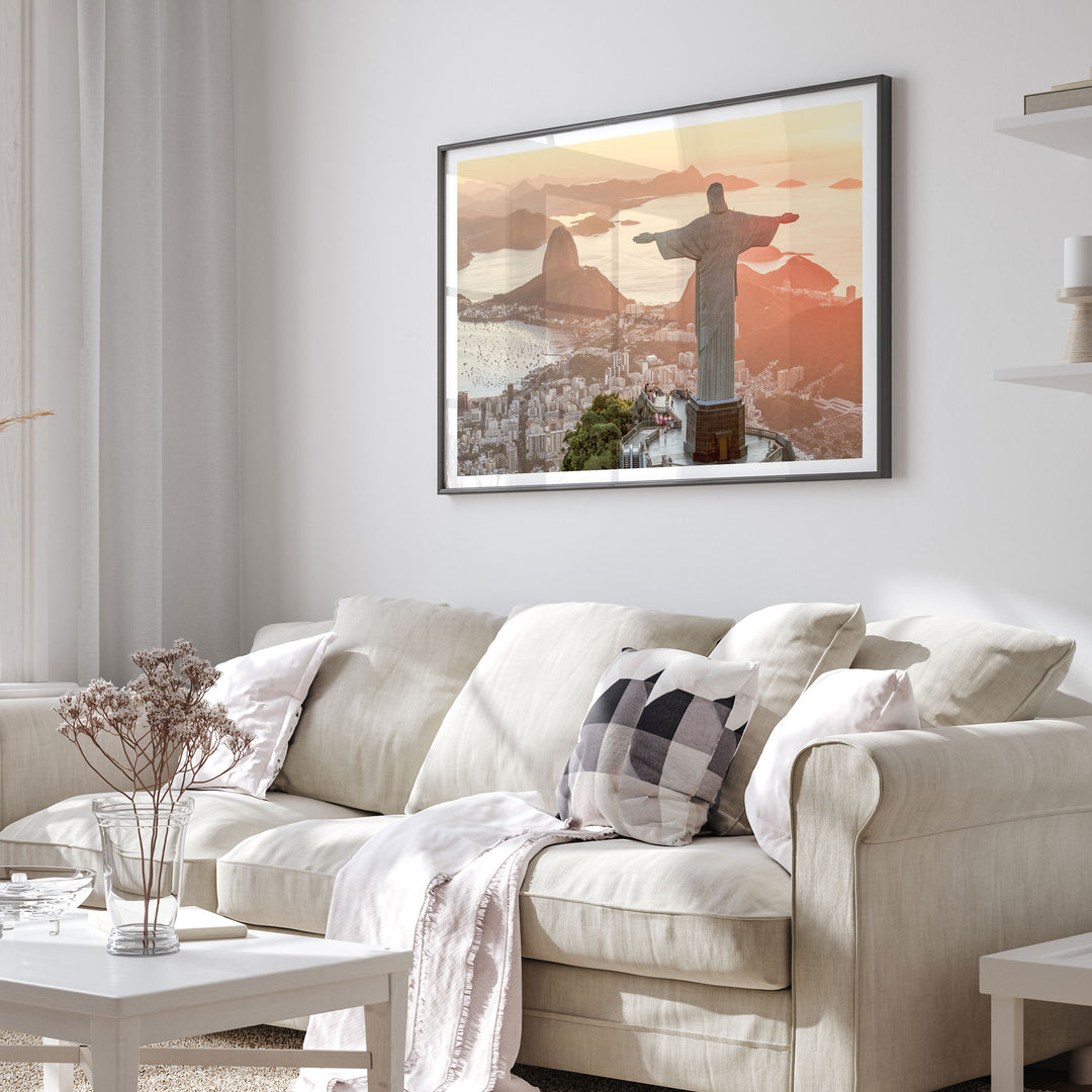 Christ the Redeemer at Golden Hour, Rio de Janeiro, Brazil framed print in a living room setting