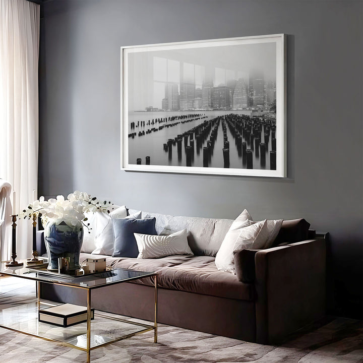 Foggy Manhattan Skyline, New York City – B&amp;W print displayed in a bedroom setting