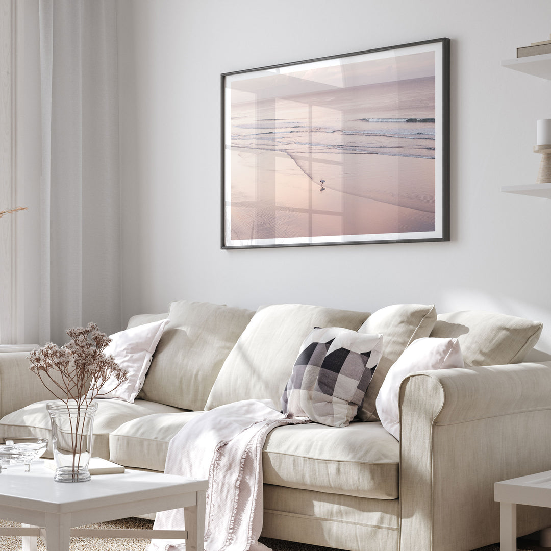 Lone Surfer on a Pink Beach I, Costa Rica framed print in a living room setting