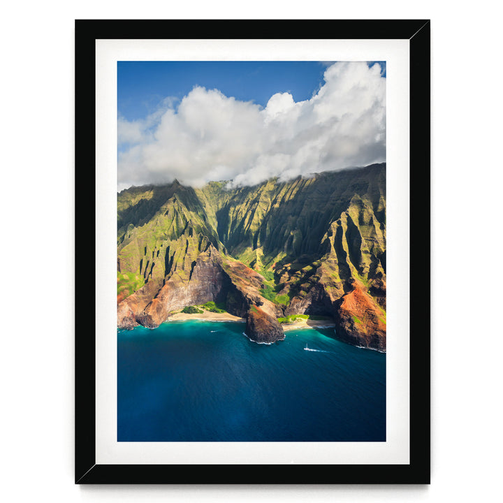 Kauai Cliffs II, Na Pali Coast, Hawaii print in a black frame with white mat