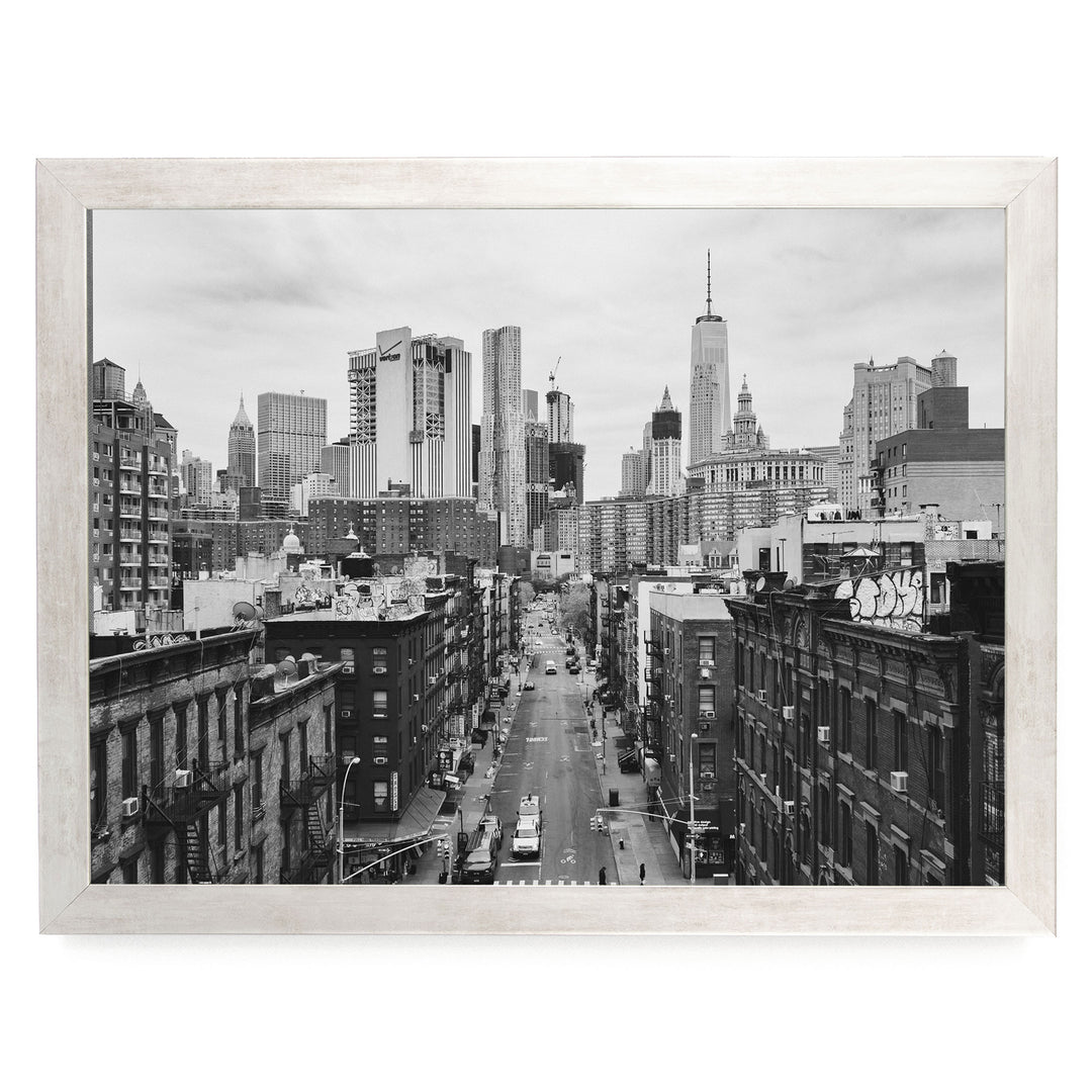 Lower Manhattan Street View, New York City – B&amp;W print in a silver frame without mat