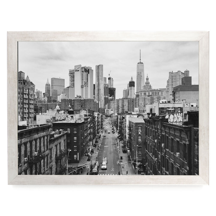 Lower Manhattan Street View, New York City – B&amp;W print in a silver frame without mat