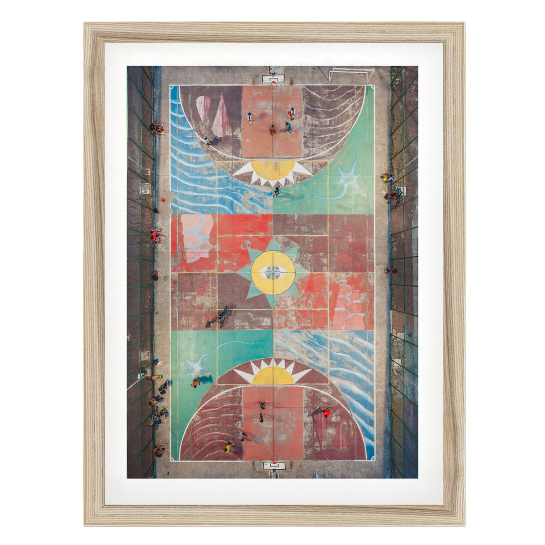 Painted Basketball Court from Above, Brazil fine art print in a natural wood frame with white mat